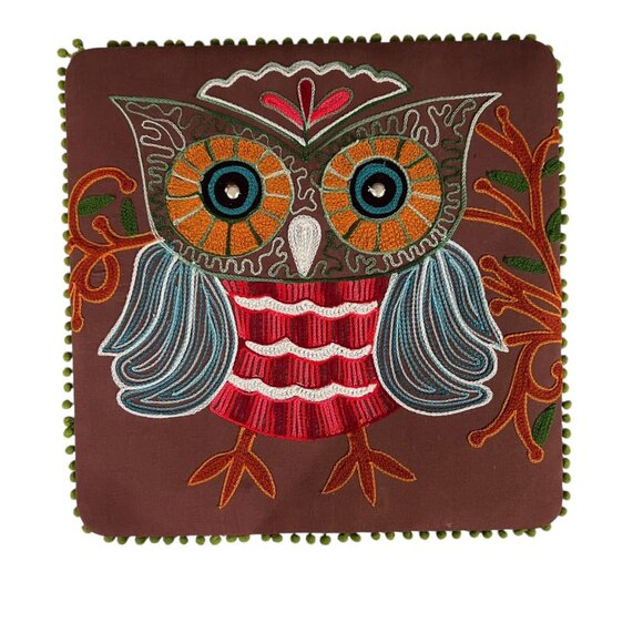 Pier 1 Imports Embroidered Fabric Owl Wall Art Pom Pom‎ Trim Retro 70s Inspired - Picture 5 of 8